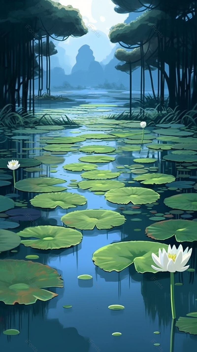 树林中绿色的荷叶红色的荷花背景,插画/手绘图,插画/手绘图库,插画/手绘图下载,插画/手绘